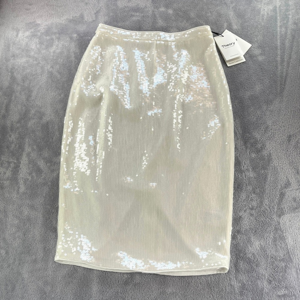 Theory KL Slim Fit SK Size 2 White Fluid Sequin Midi Skirt NWT $345 Bridal
